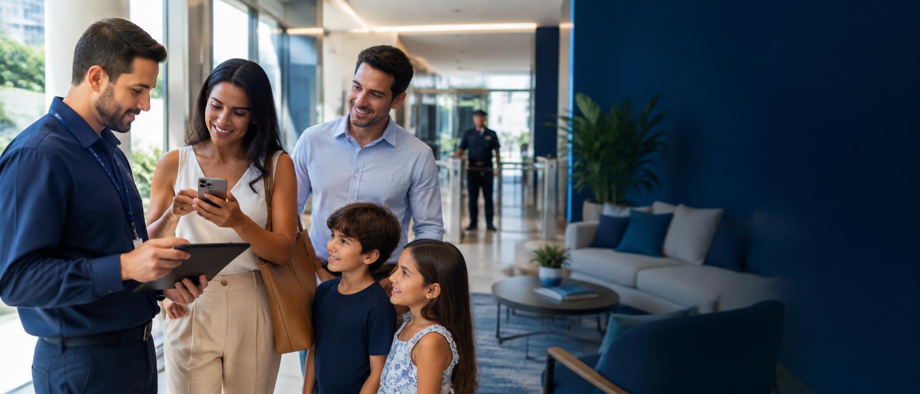 Família e gestor conectados pela tecnologia do condomínio